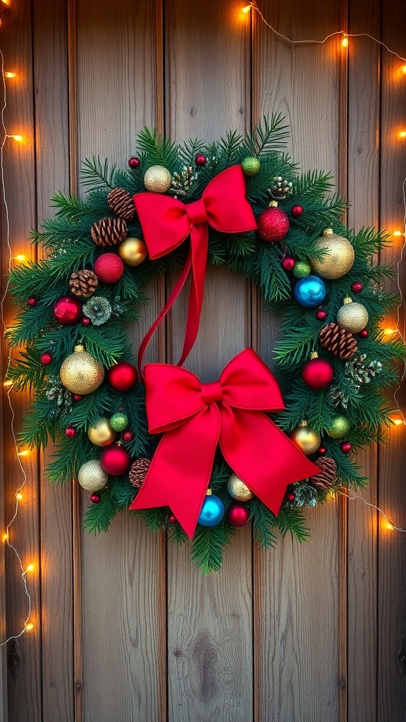 A festive Christmas wreath with greenery, ornaments, and a bow on a wooden door.